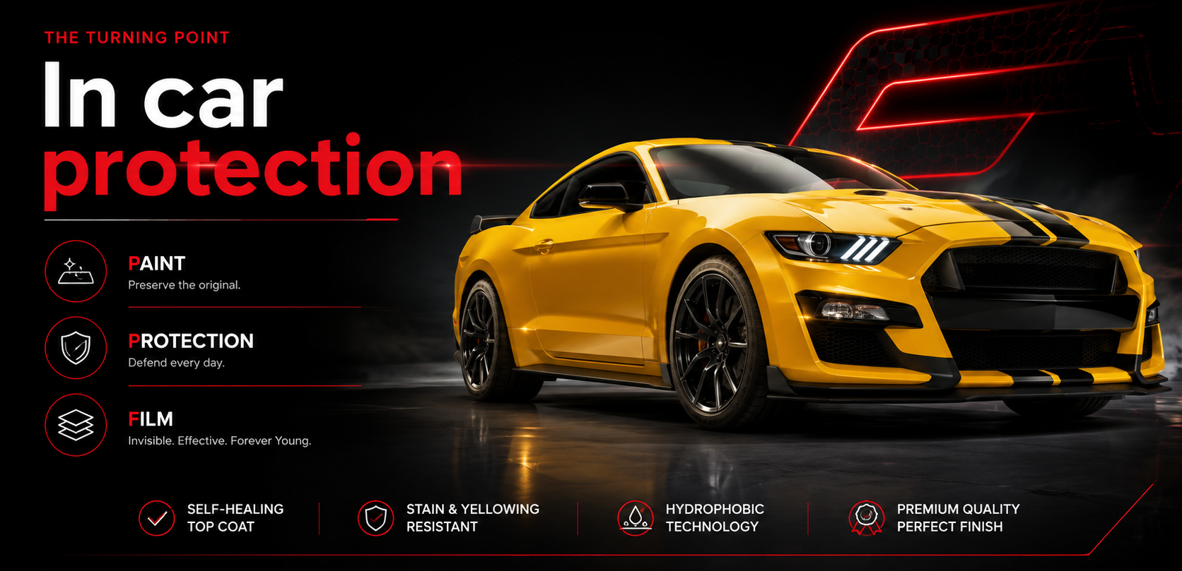 MA-FRA Forever Young PPF, in-car paint protection film shown on a sports car, with self-healing top coat, stain and yellowing resistance, hydrophobic technology and premium finish